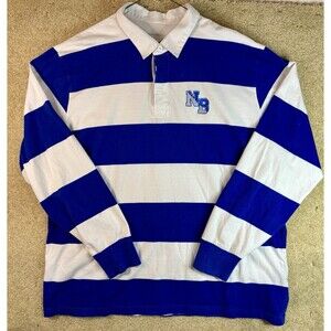 Sport Tek Rugby Shirt Men 2XL Blue Cotton Striped Embroidered Long Sleeve Polo